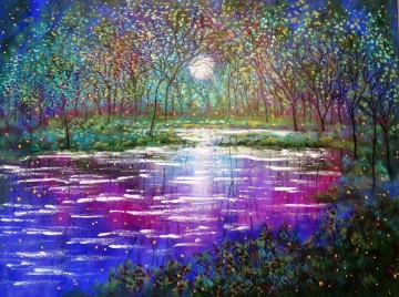 landscape Painting - Landscape Spring Trees Lake and Fireflies garden decor scenery wall art nature landscape